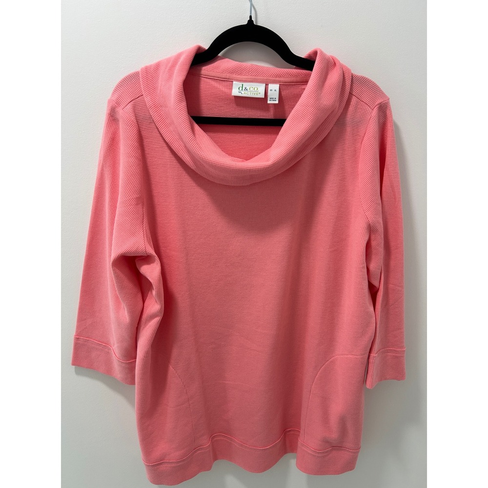 Denim & Co Active Womens XL Coral Pink Waffle Knit Cowl Neck Pockets Pullover